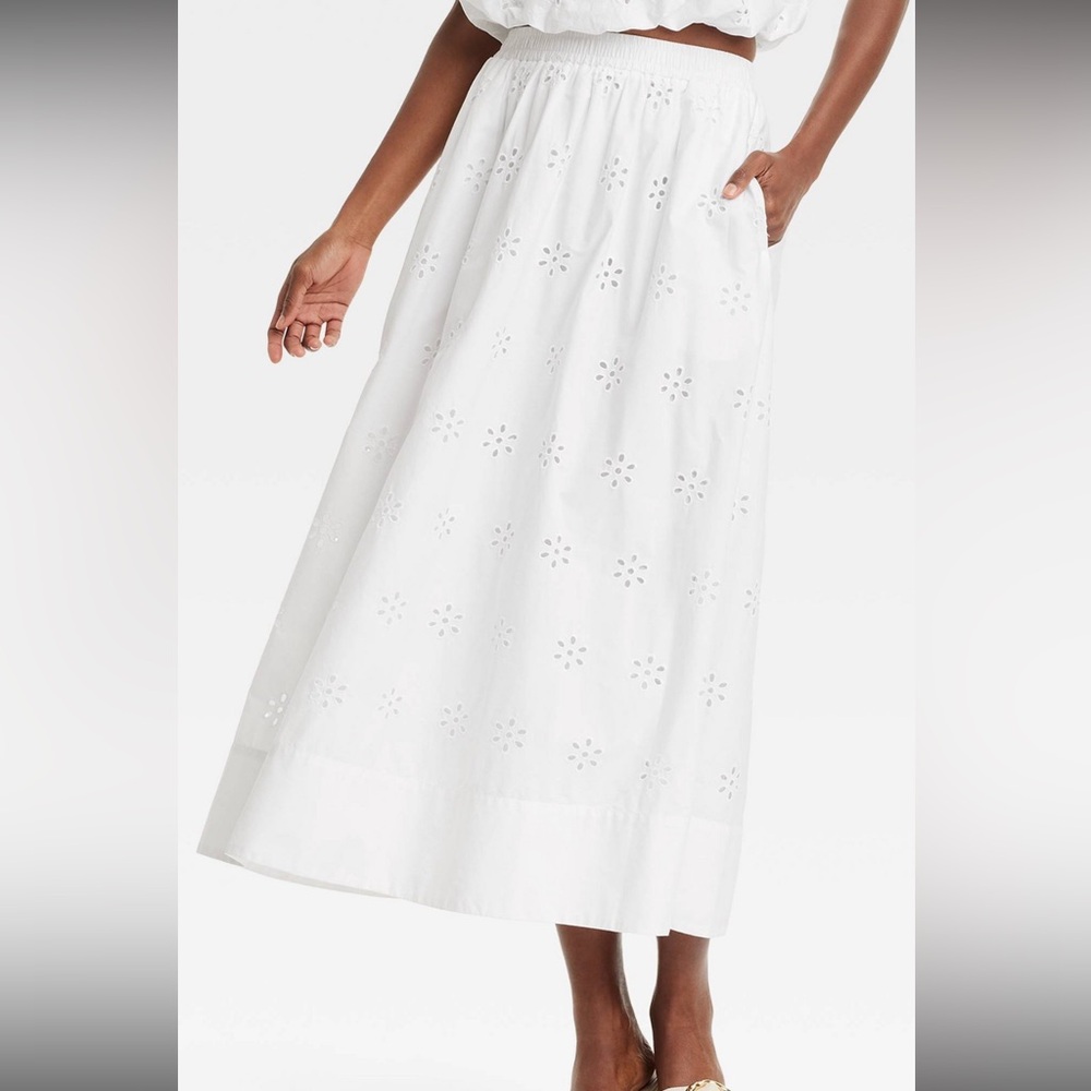 White eyelet midi skirt